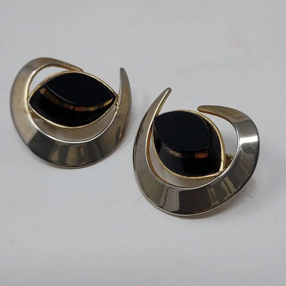 Vintage Sarah Coventry Black Saturn Collection Brooch Earrings Set Signed 1961